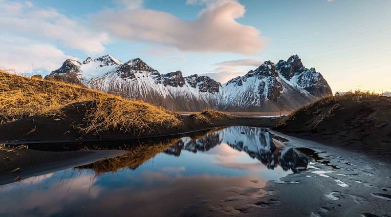 Vesturhorn Mountain reflects over clear waters.