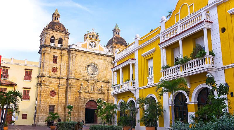 Colonial architecture with San Pedro Claver church in Cartagena, Colombia