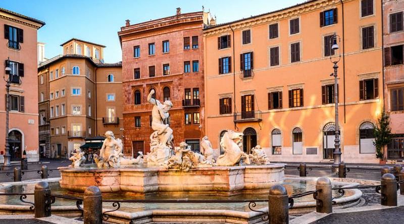 The Fountain of Neptune in Piazza Navona, Rome, Italy.