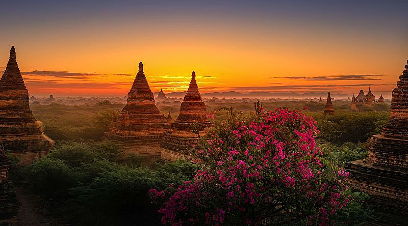 Bagan temples in Myanmar at sunset