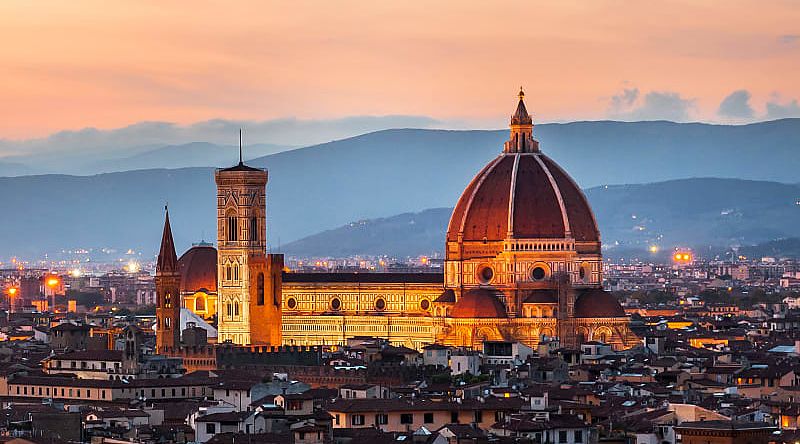 The Cathedral of Santa Maria del Fiore in Florence at sunset.