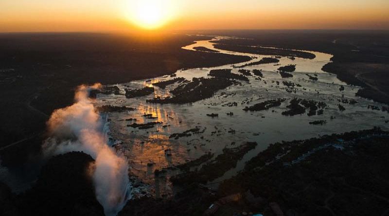 Victoria Falls seen from the air at sunset