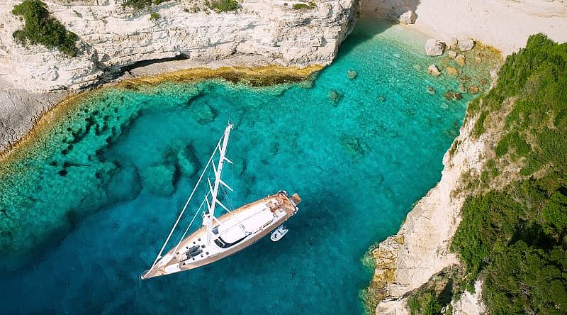 Yacht in a private cove in the Greek Islands.