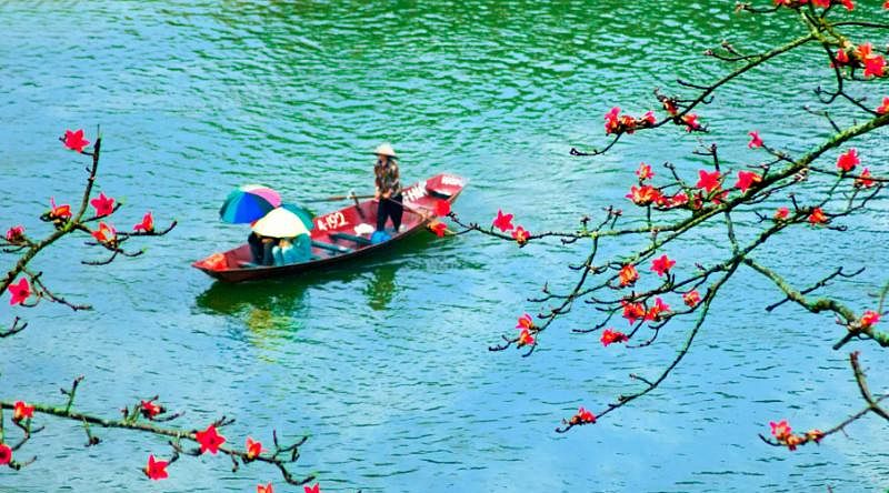 Boat and blossoms in Halong Bay, Vietnam