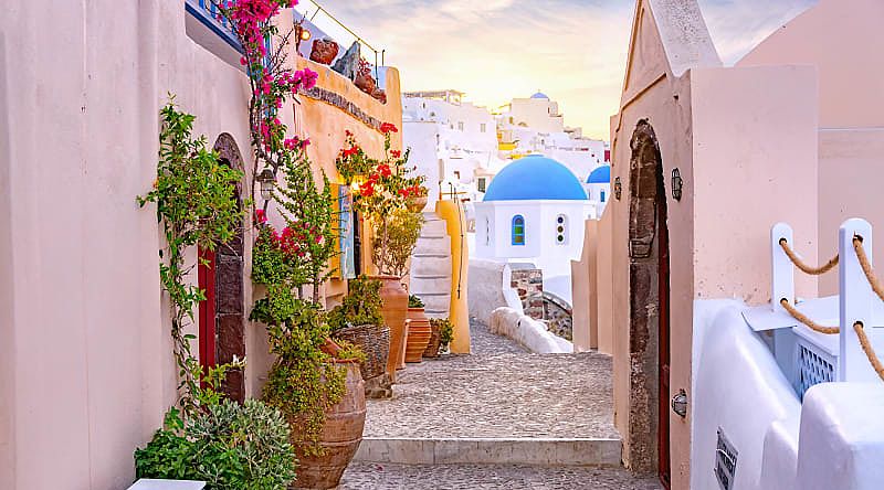 Traditional houses and church in Santorini, Greece.