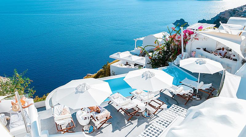 Terraces in luxury hotel in Santorini Island