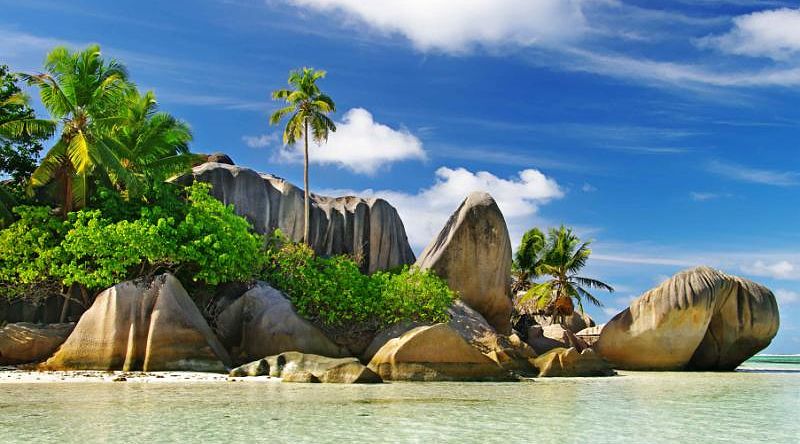 Rocky beach in the La Digue island in the Seychelles