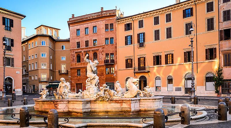 The Fountain of Neptune in Piazza Navona, Rome, Italy.