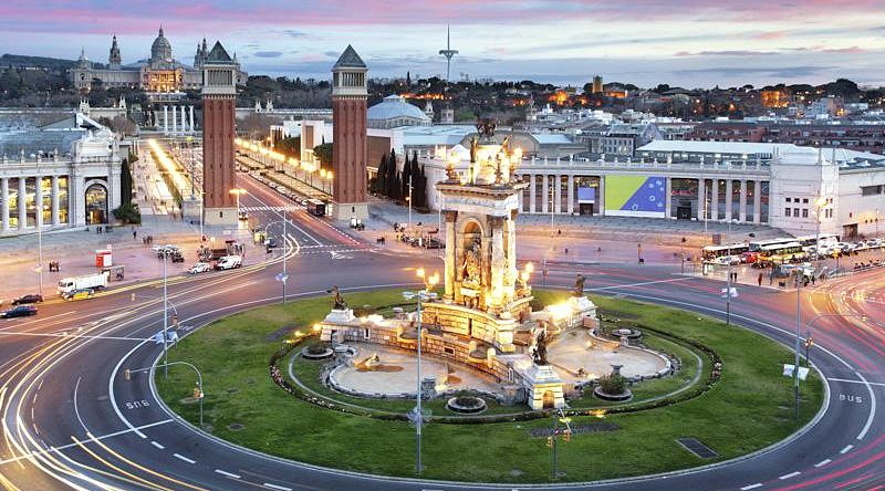 Aerial view of España Square in Barcelona, Spain.