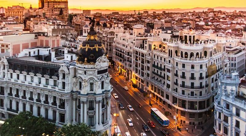 Panoramic view of the main shopping street Gran via in Madrid, Spain