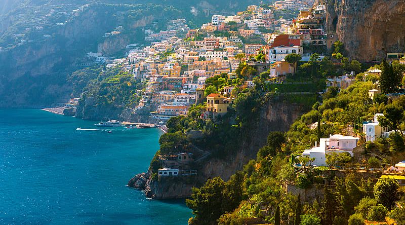 Morning view of Positano on the Amalfi Coast in Italy.