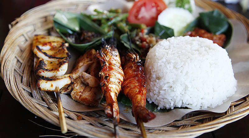 Seafood satay and rice in Bali,Indonesia Seafood satay and rice in Bali,Indonesia