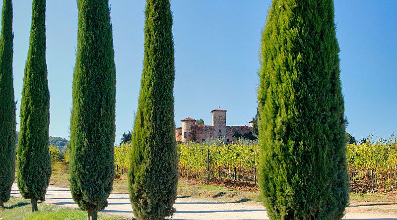 Castello di Gabbiano in Tuscany, Italy Gabbiano Castle with vineyards and cypress trees in Tuscany, Italy