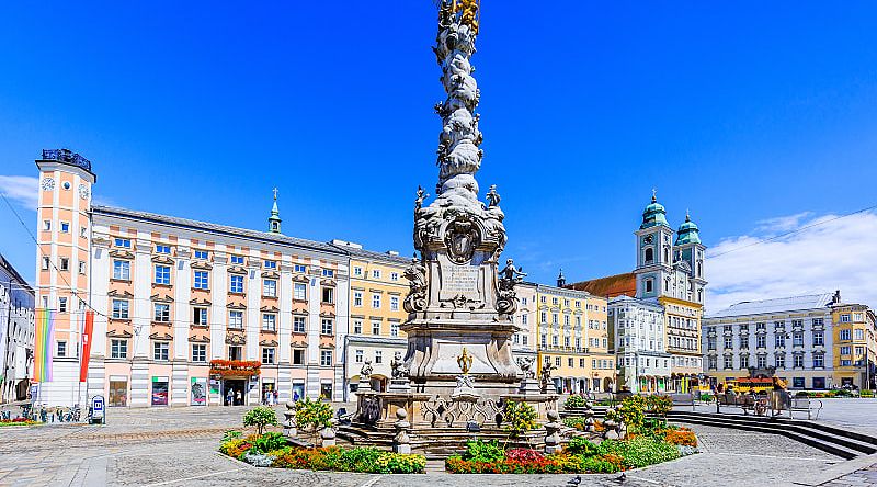Holy Trinity Column in Hauptplaz main square in Linz, Austria. Holy Trinity Column in Hauptplaz main square in Linz, Austria.