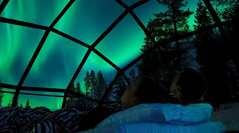 View of the Northern Lights from a glass igloo