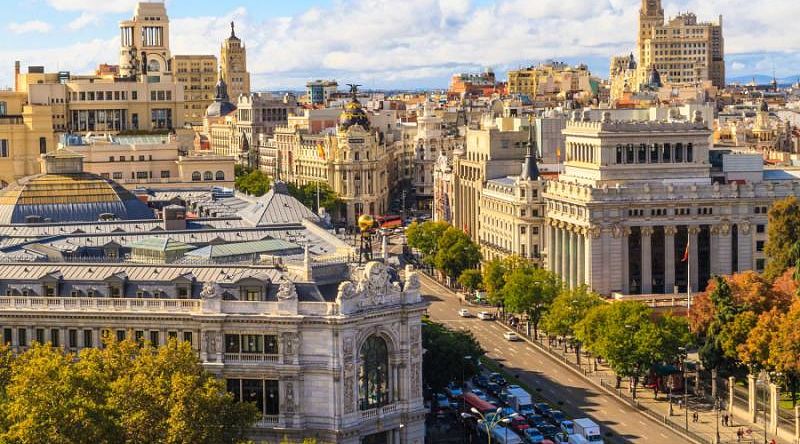 Cityscape and aerial view of shopping street Gran Via, Madrid, Spain.