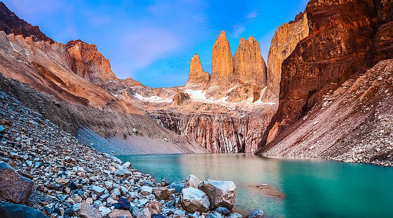 Laguna Torres with The Towers at sunrise, Torres del Paine National Park, Patagonia, Chile Laguna Torres with The Towers at sunrise, Torres del Paine National Park, Patagonia, Chile