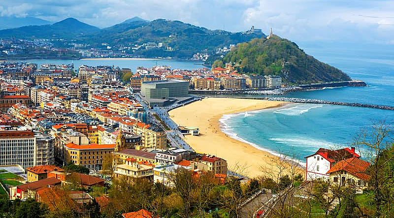 View of the Zurriola Beach in San Sebastian, Spain.