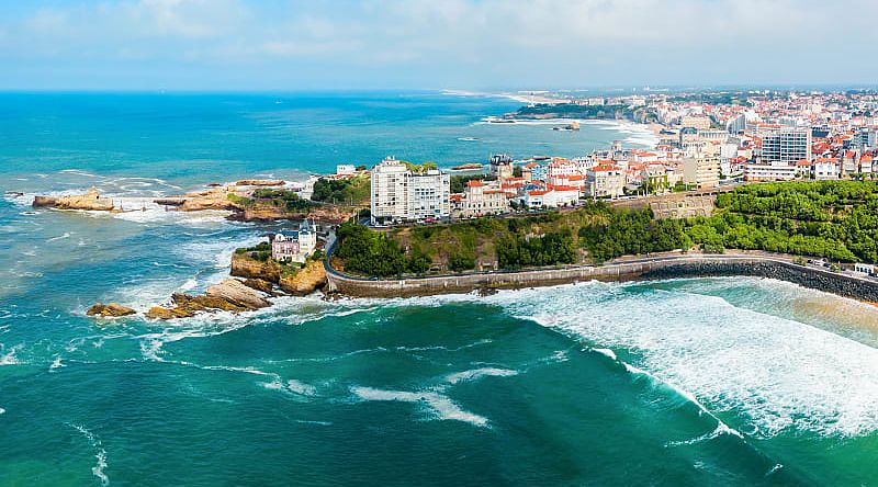 Aerial panoramic view of Biarritz on the Bay of Biscay along the Atlantic coast in France.