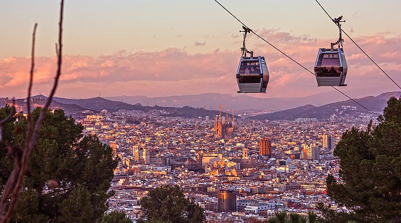 Scenic Montjuic cable car ride in Barcelona, Spain Scenic Montjuic cable car ride in Barcelona, Spain