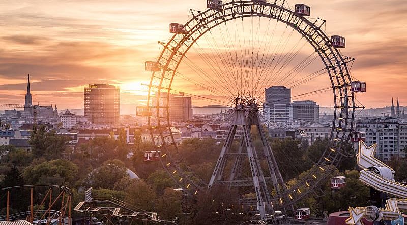 View over the Prater with the Ferris Wheel and Skyline, Vienna, Austria