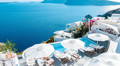 Terraces in luxury hotel in Santorini Island