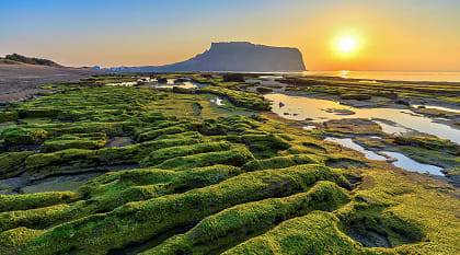 Women in hanbok stroll through the traditional-style homes in Seoul’s village.