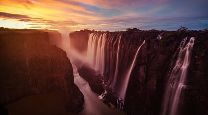Sunset over Victoria Falls in Zambia