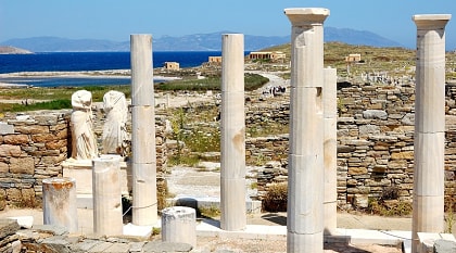Ruins and remains of marble statues on the island of Delos, Greece