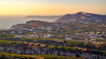 Vineyards and countryside on Santorini island in Greece