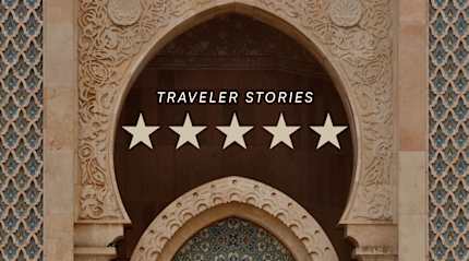 5-star traveler story over Moroccan tile work and carved arch detail at Hassan II Mosque in Casablanca