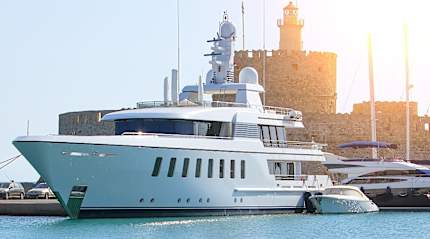 Luxury yacht docked in Rhodes, Greece.