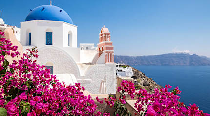 Scenic view of traditional cycladic houses with flowers in foreground in Oia village, Santorini, Greece.