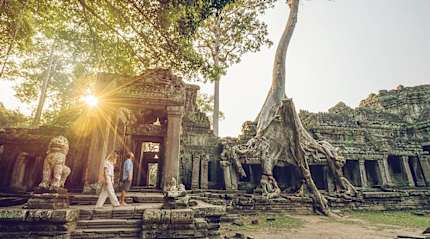 Couple exploring Angkor Wat in Siem Reap, Cambodia