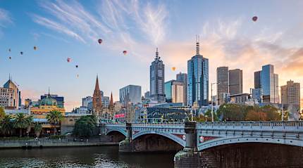 Hot air balloons over Melbourne in Australia.