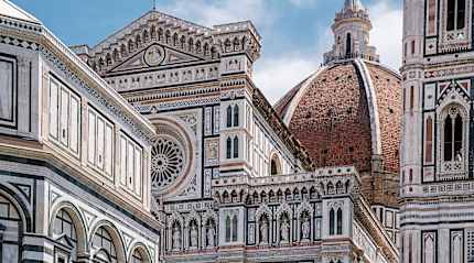 Architectural detail and the dome of Cathedral of Santa Maria del Fiore in Florence, Italy