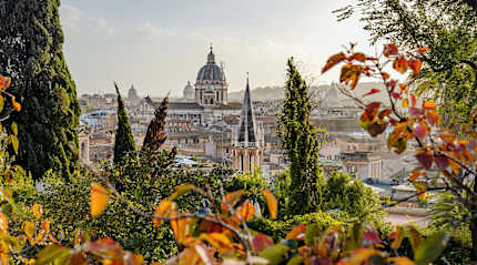 View of Rome’s historic skyline framed by trees, with St. Peter’s Basilica dome visible in the distance.