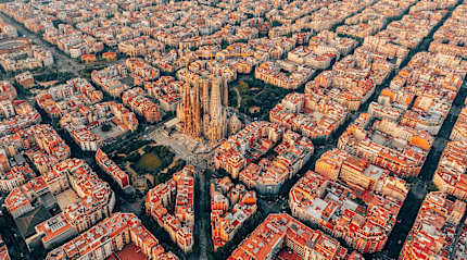 Aerial view of Barcelona, with La Sagrada Família in the center.