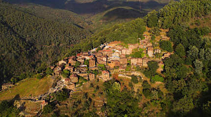 Aerial view of a historic schist village in the mountains of central Portugal