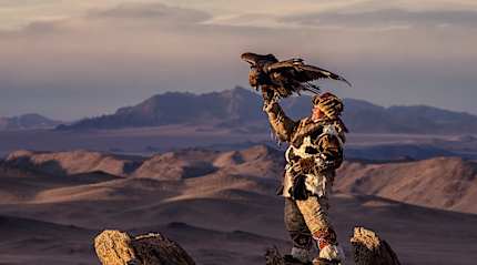 Mongolian eagle hunter in traditional fox dress