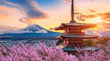 Fuji mountain and Chureito Pagoda with cherry blossoms at sunset, Japan