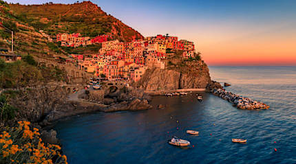Manarola at sunset, Cinque Terre, Italy.