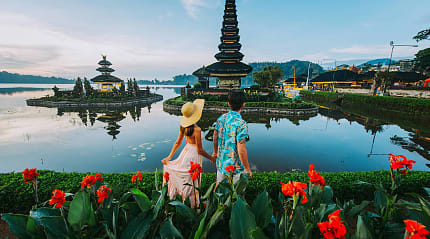 Couple at Ulun Datu Bratan Temple in Bali, Indonesia