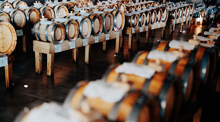 Rows of small wooden barrels aging traditional balsamic vinegar in a Modena acetaia