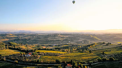 Sunrise hot air balloon ride over the vineyards of Tuscany, Italy
