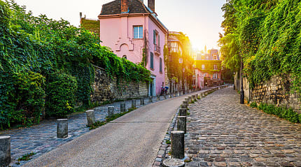 Cobblestone sidewalks in Montmartre in Paris, France
