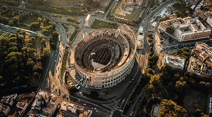 Bird's eye view of the Colosseum in Rome, Italy