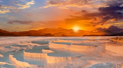 Thermal pools at sunset in Pamukkale, Turkey