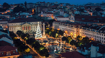 Christmas tree and lights at Rossio square in Lisbon, Portugal