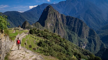 Man walking the Inca Trail into Machu Picchu, Peru